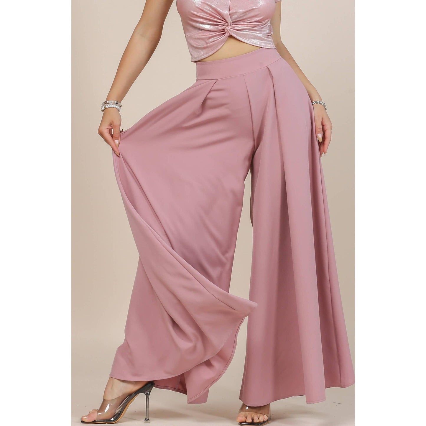 Nylon Apparel - P919-Solid-Solid  Color Women Wide Palazzo Pants