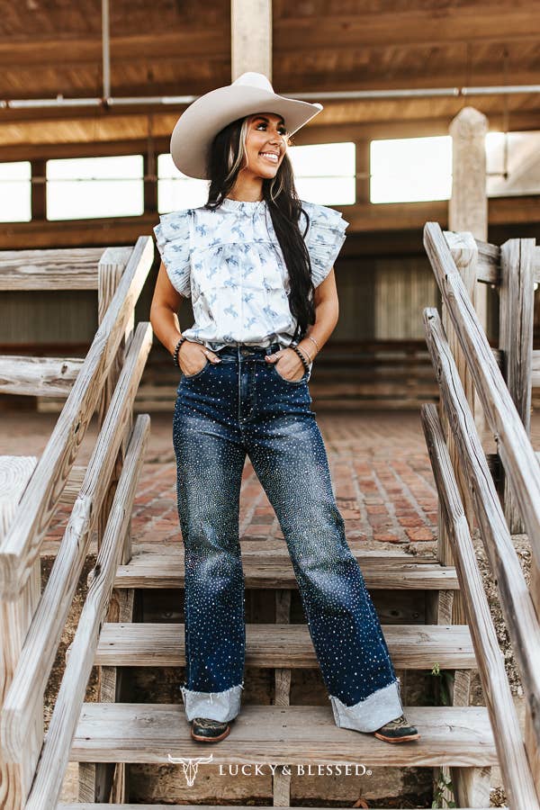 Dark Wash Stretch Denim Detail Cuffed Wide Leg Jeans