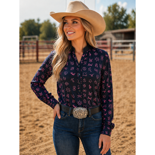 Neon Spur Brand Babe Quarter Button Pullover Rodeo Shirt Blouse