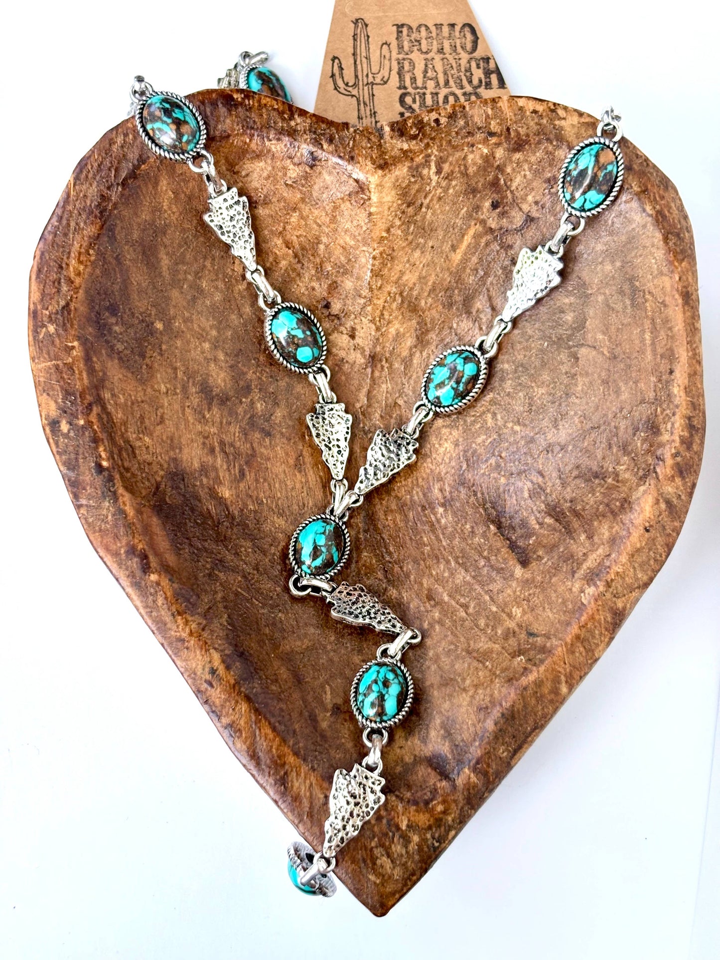 Western Style Arrowhead & Stone Concho Y Drop Necklace