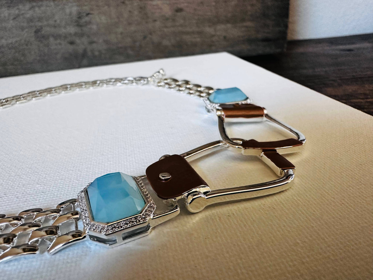 Bold Western Saddle Stirrup Necklace Aqua stone
