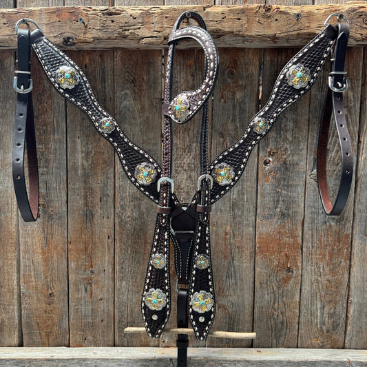 Rodeo Drive - Dark Oil Buckstitch Gold Cross Browband/One Ear and Breastcollar Tack Set #BBBC401