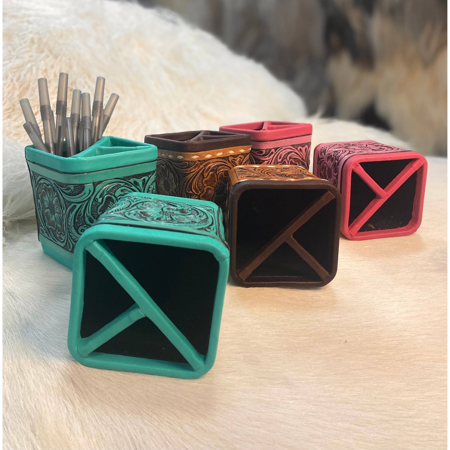 Turquoise Tooled Leather Pencil Holder