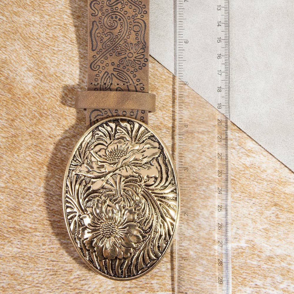 Floral Buckle Paisley Pattern Vegan Leather Belt