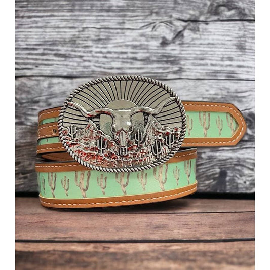 Cactus Printed Kids Belt/ Longhorn Cow Buckle. ACG65153006 S