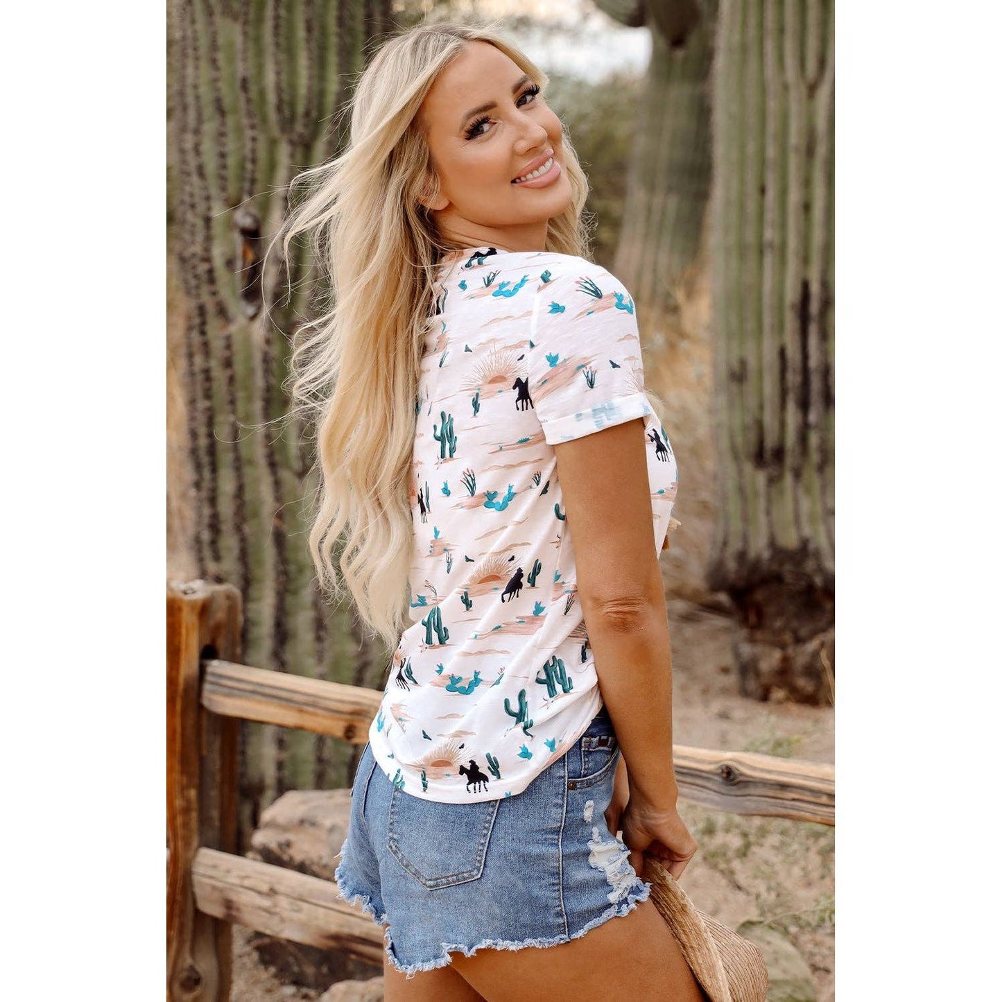 PRETTY BASH Western Cactus Crew Neck Short Sleeve Top