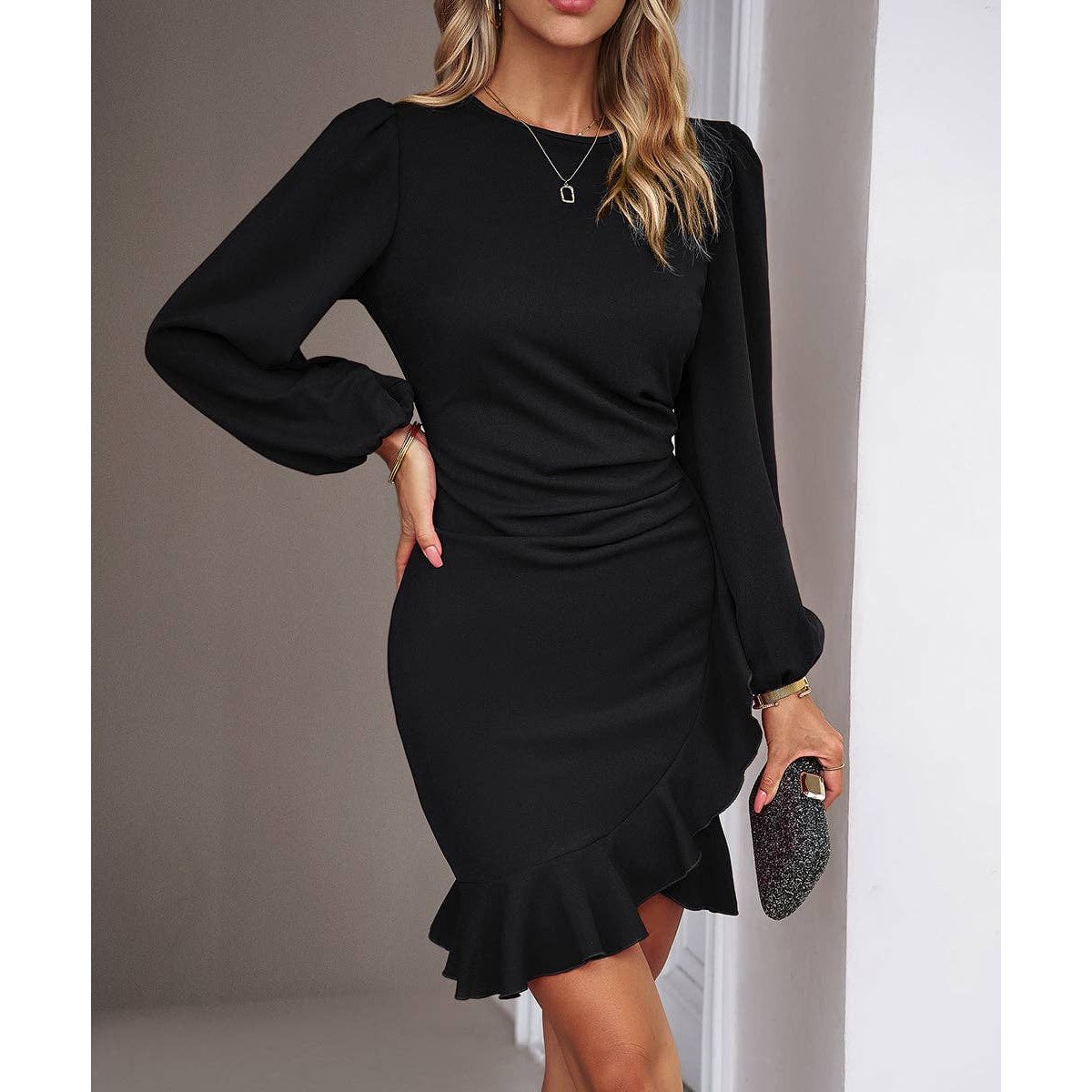 Puff Sleeve Solid Color Midi Dress