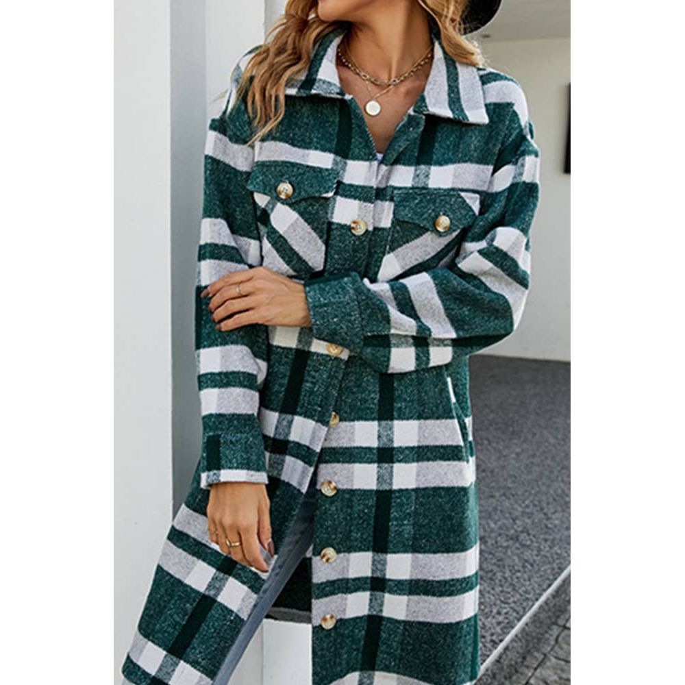 Long Plaid Coat Striped Button Up Side Poacketed Jacket