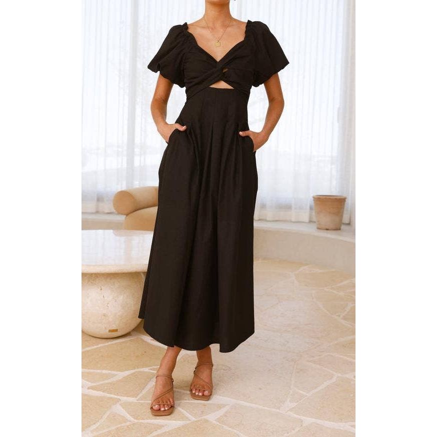Twist-Front Puff Sleeve Maxi Dress