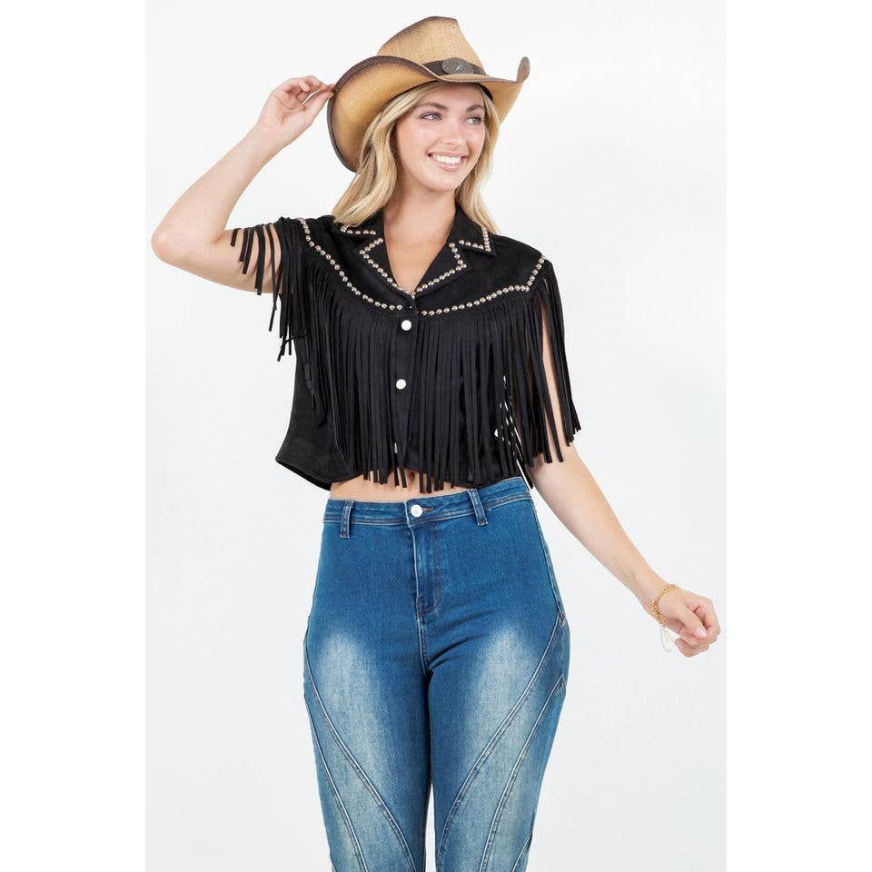 SIJ5407A BLACK FRINGE AND STUDDED DETAIL VEST