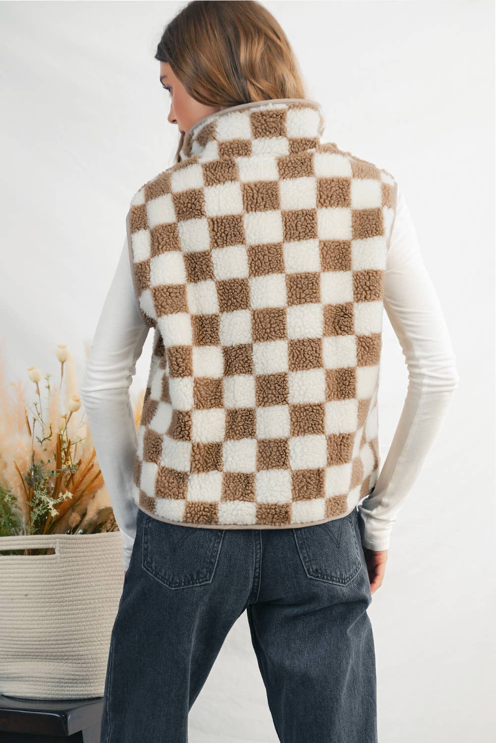 Checkered Collared Sherpa  Jacket Vest