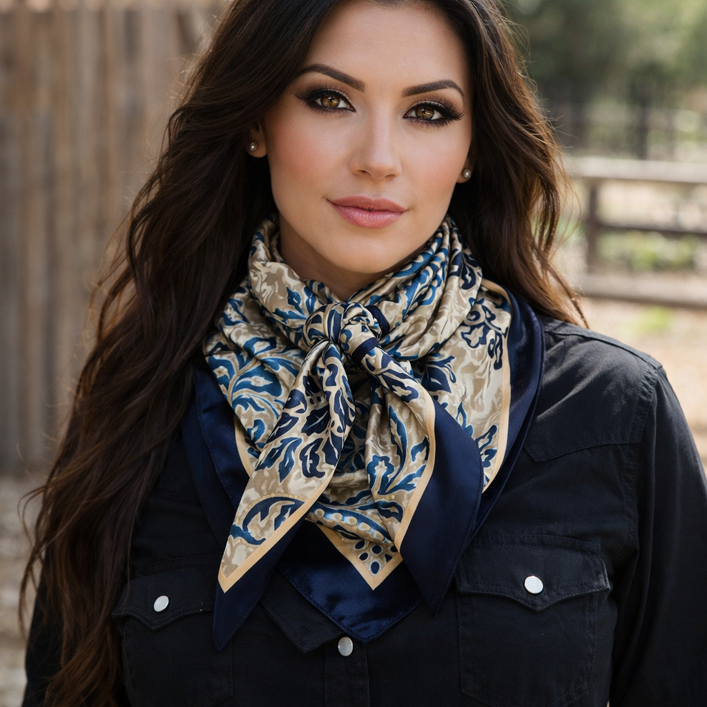 Cream and Blue Floral Wild Rag - Western Scarf