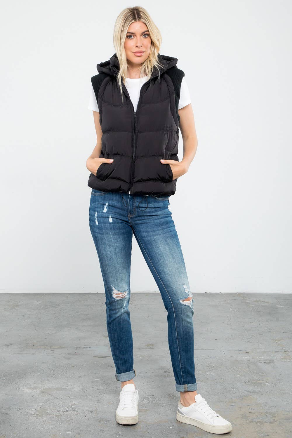 Sweater Rib Detail Nylon Hooded Puffer Vest