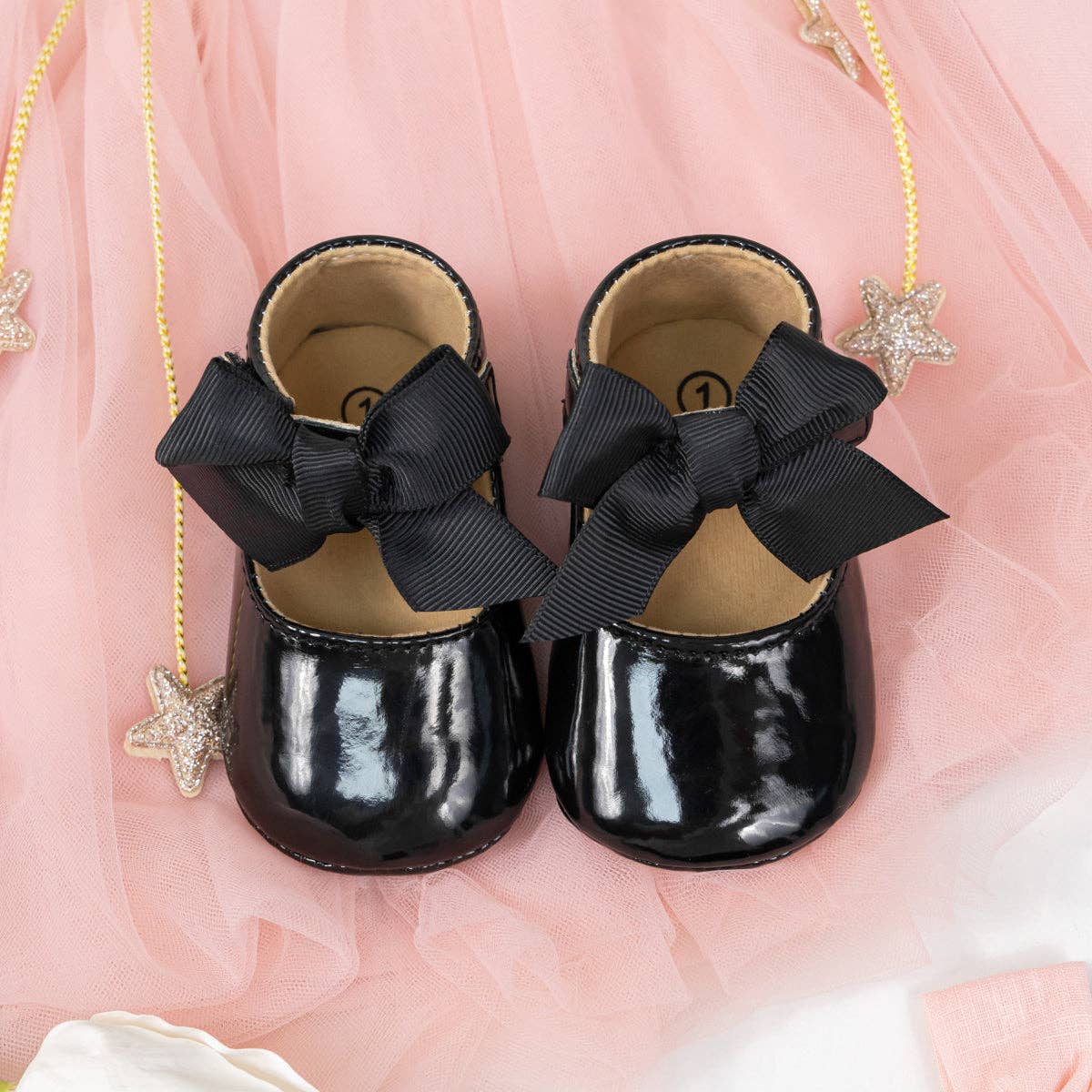 Cute black infant shoes w/black front bow