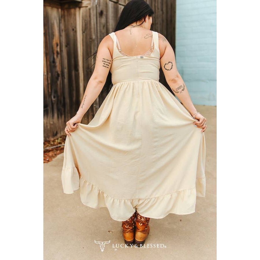 Ivory Hi Low Ruffle Western Button Down Thick Strap Dress