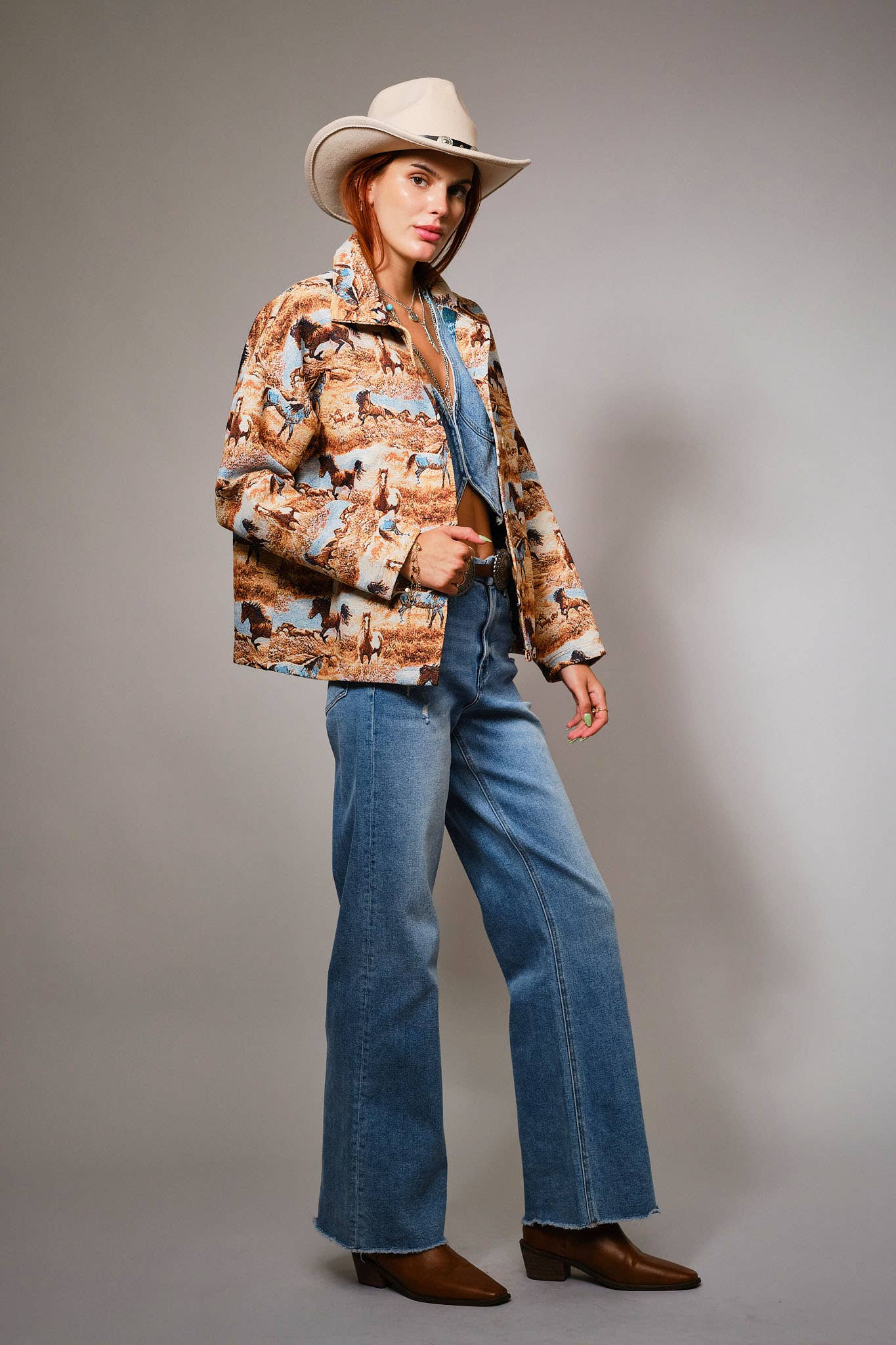 Blue B Western Pattern Button Front Jacquard Jacket 33144J