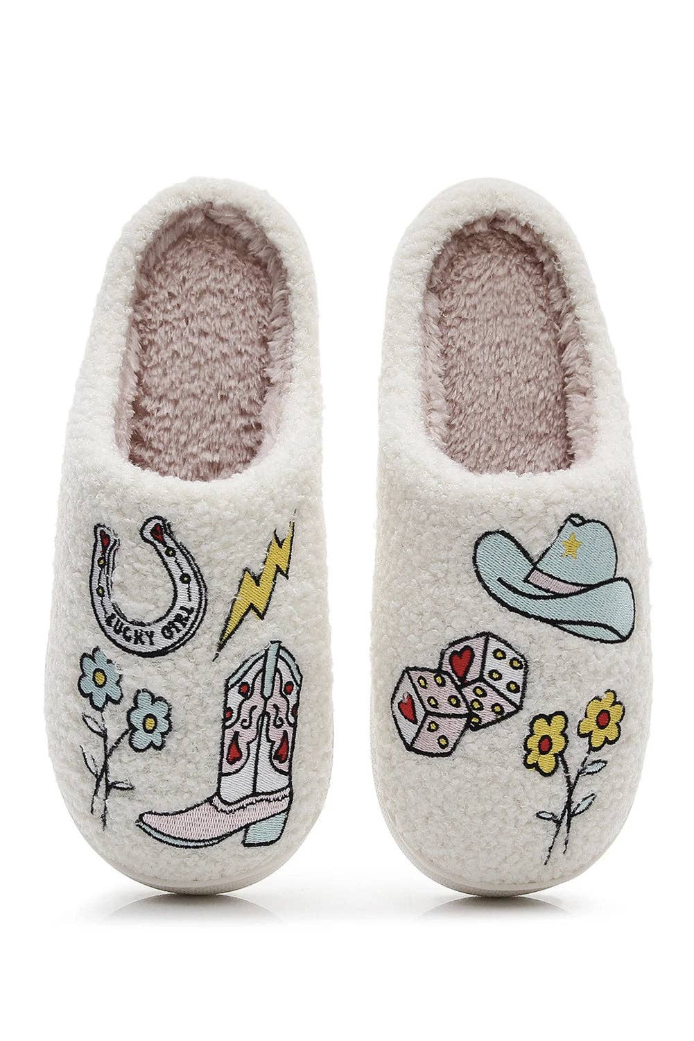 White Asymmetric Embroidered Pattern Cowgirl Plush House Slippers