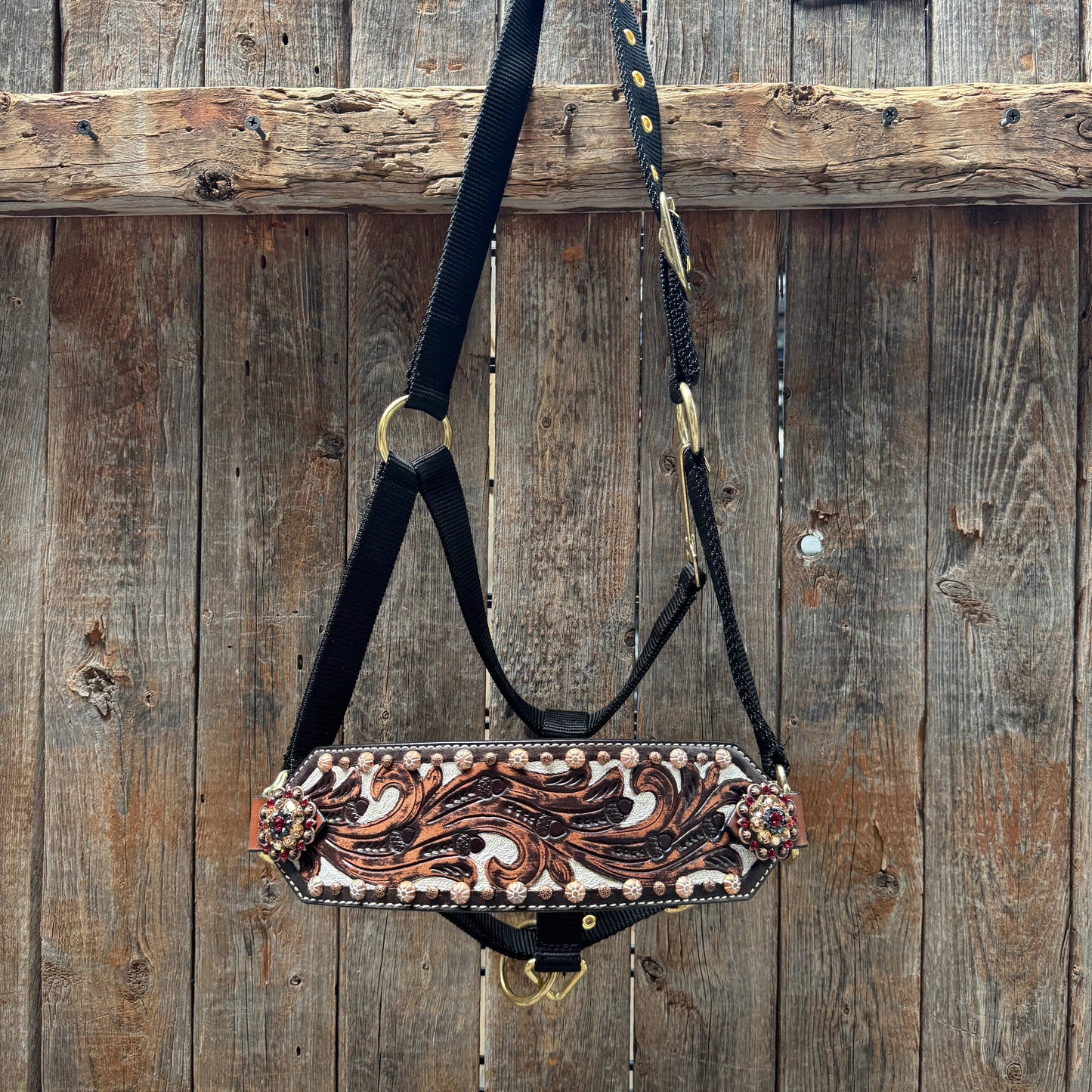 Black Nylon Horse Halter – Bronc Noseband with Crystal Conchos NH100