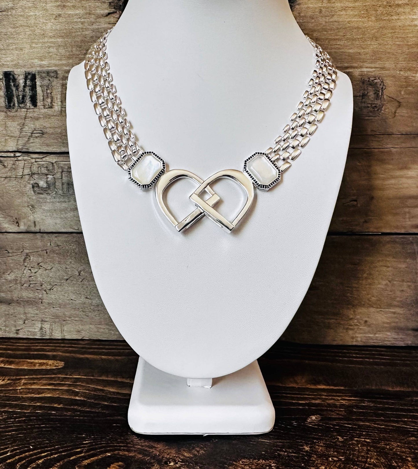 Bold English Saddle Stirrup Necklace Mother of Pearl