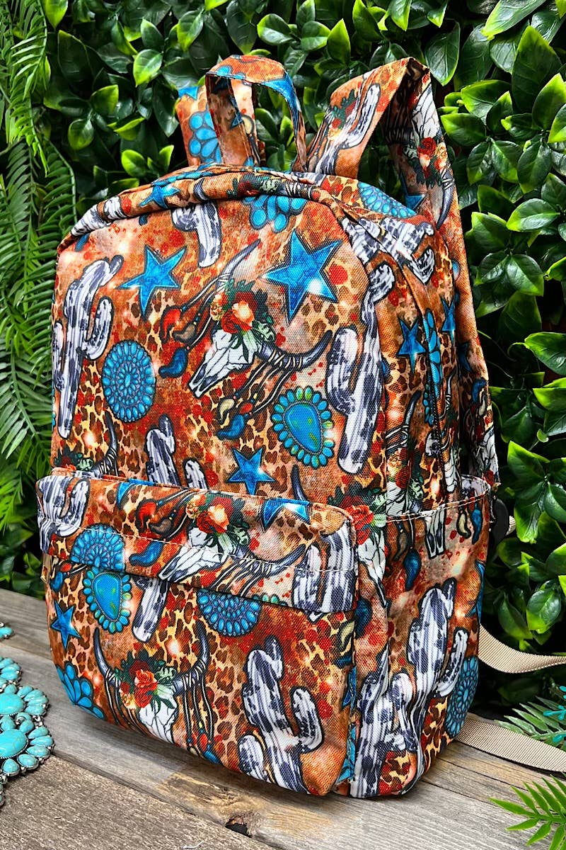 CONCHO, STAR & COW CACTUS PRINTED SMALL SIZE BACKPACK.
