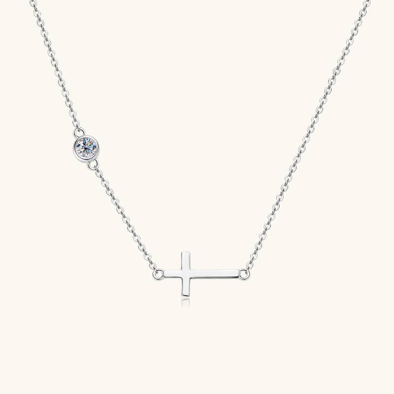 Moissanite Horizontal Cross Necklace in 925 Sterling Silver