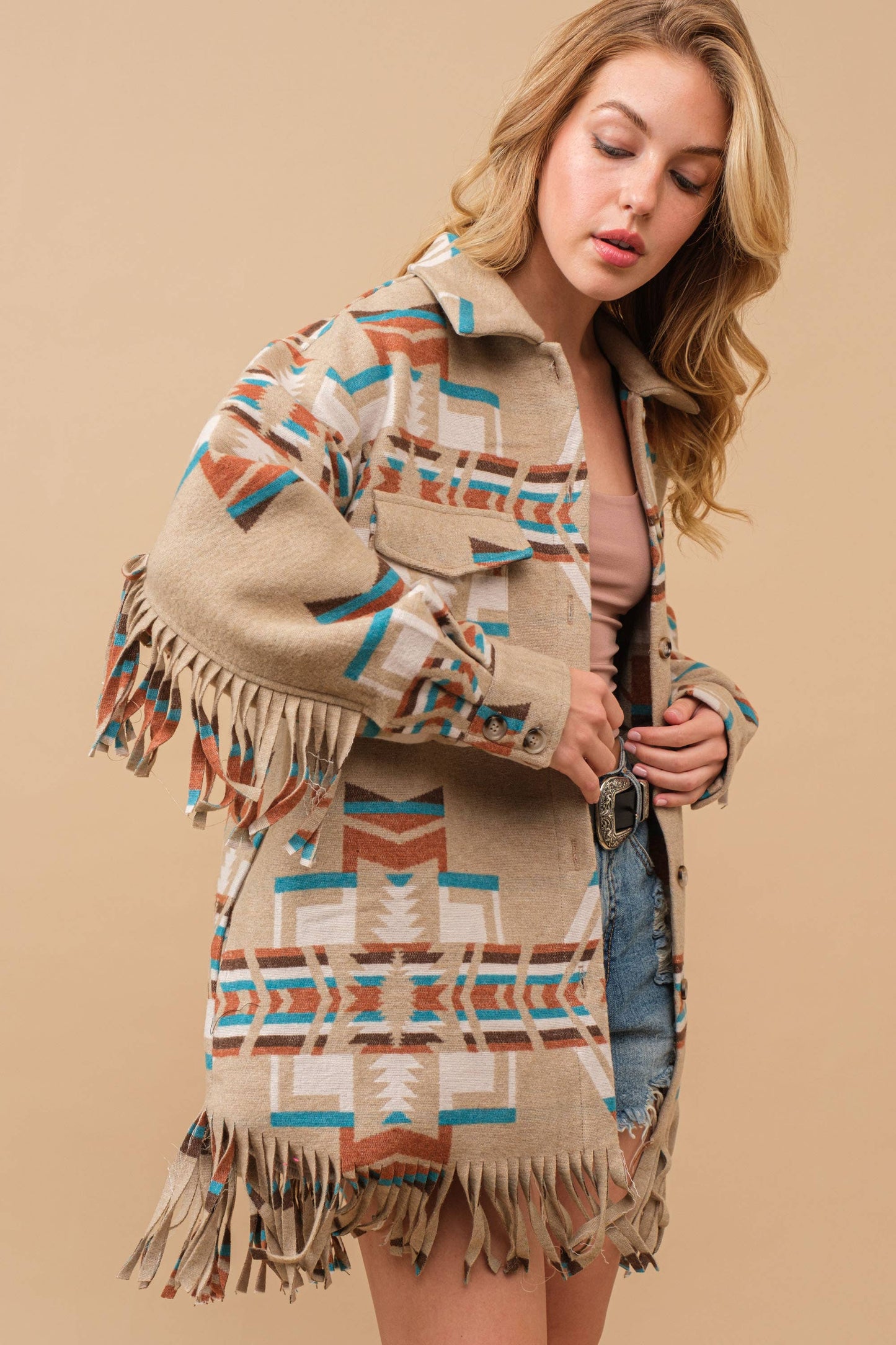 34200J - Blue B Exclusive Aztec Button Up Shirt Jacket
