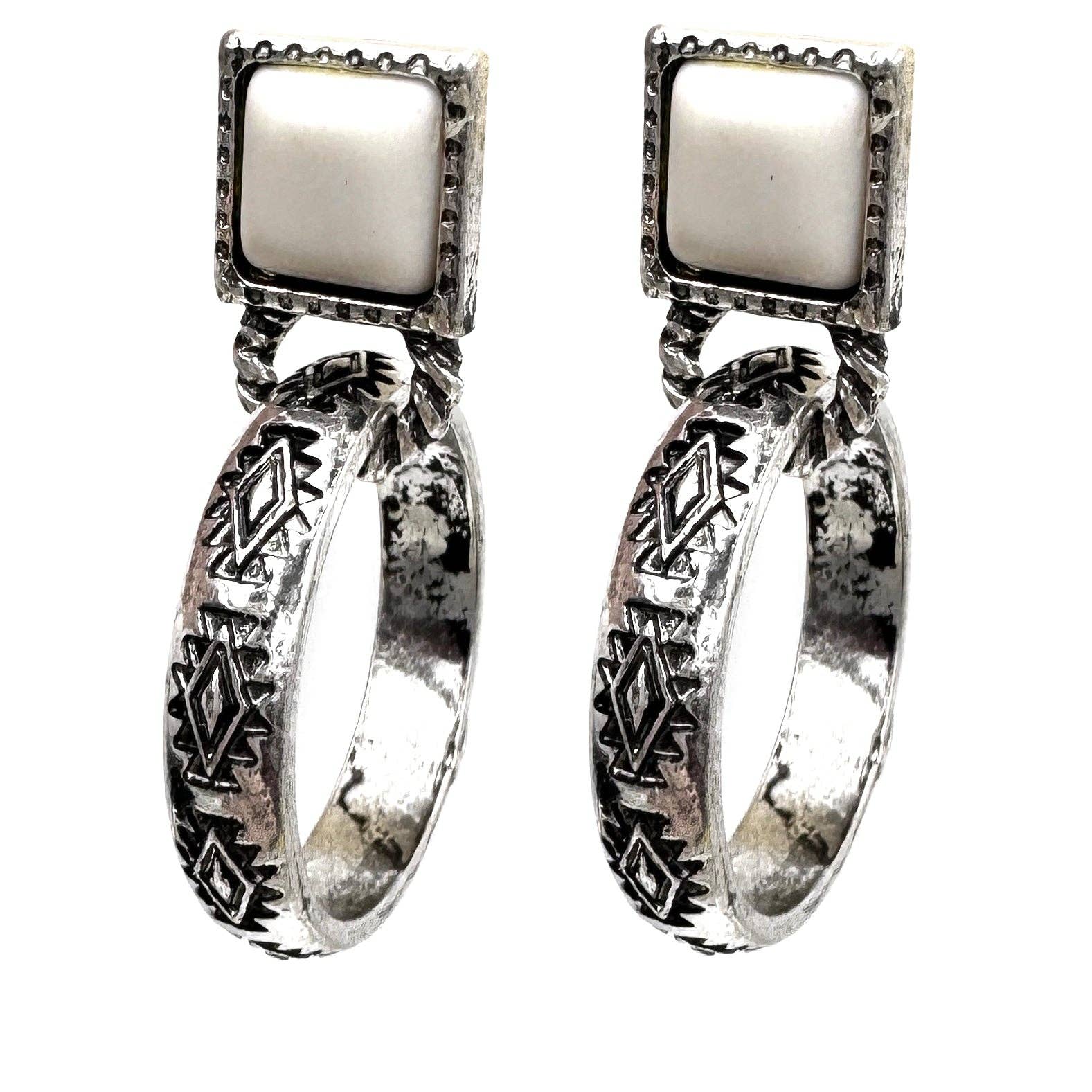 Square Stone Stud Western Small Hoop Earrings