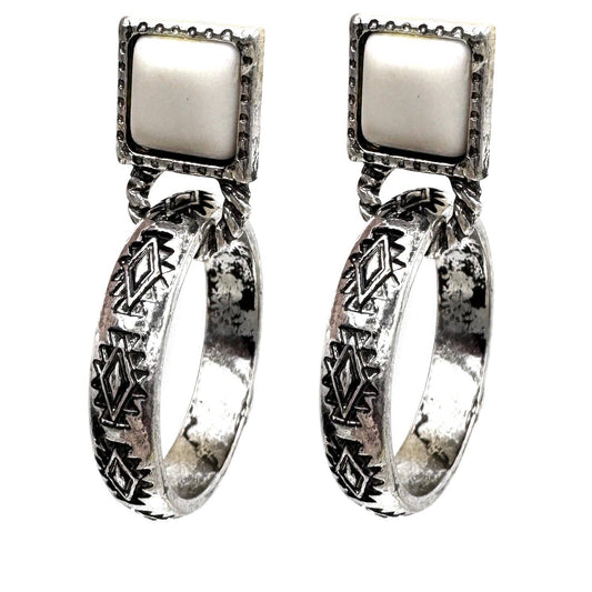 Square Stone Stud Western Small Hoop Earrings