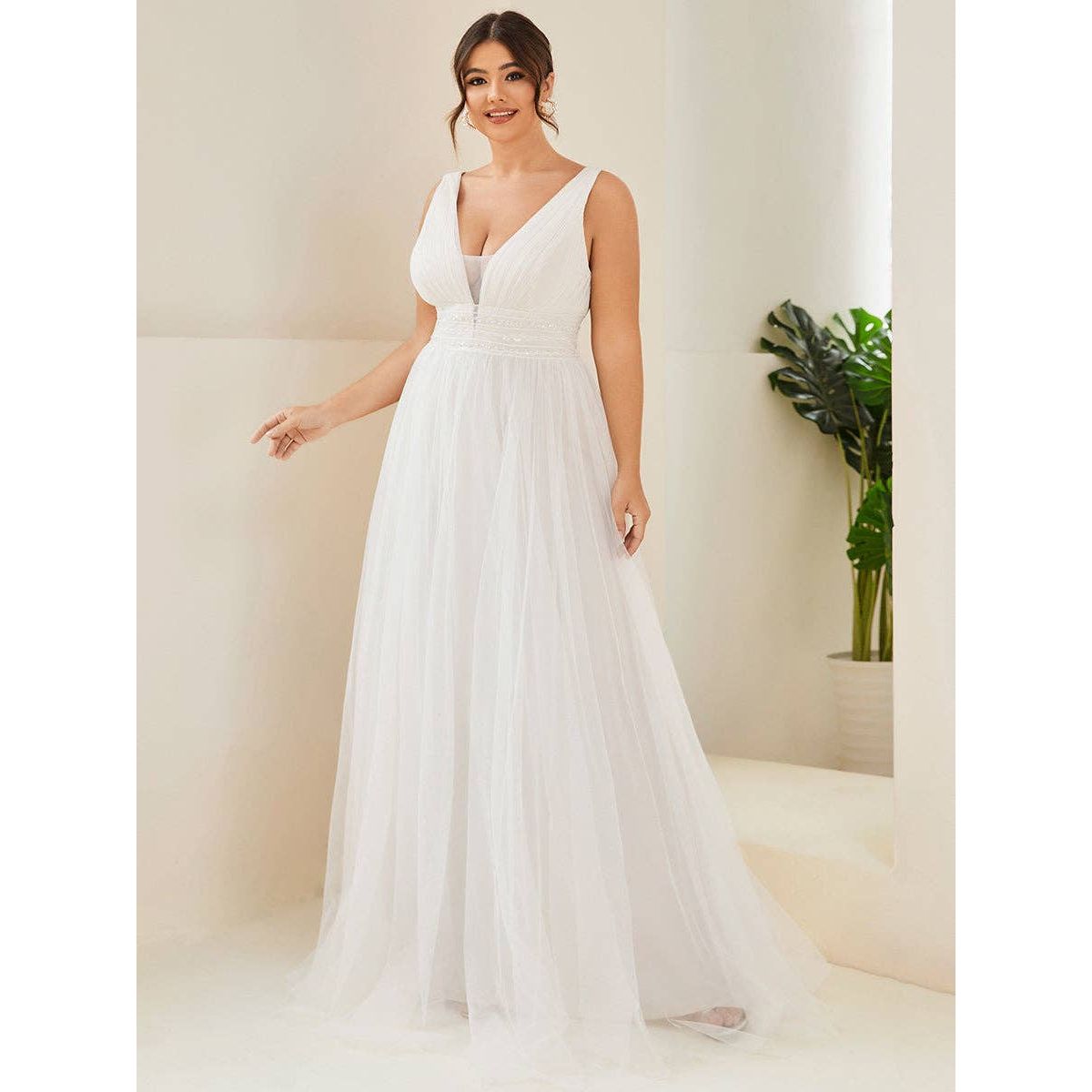 Ever-Pretty - Plus Backless A Line Sleeveless Mesh Wedding Dress
