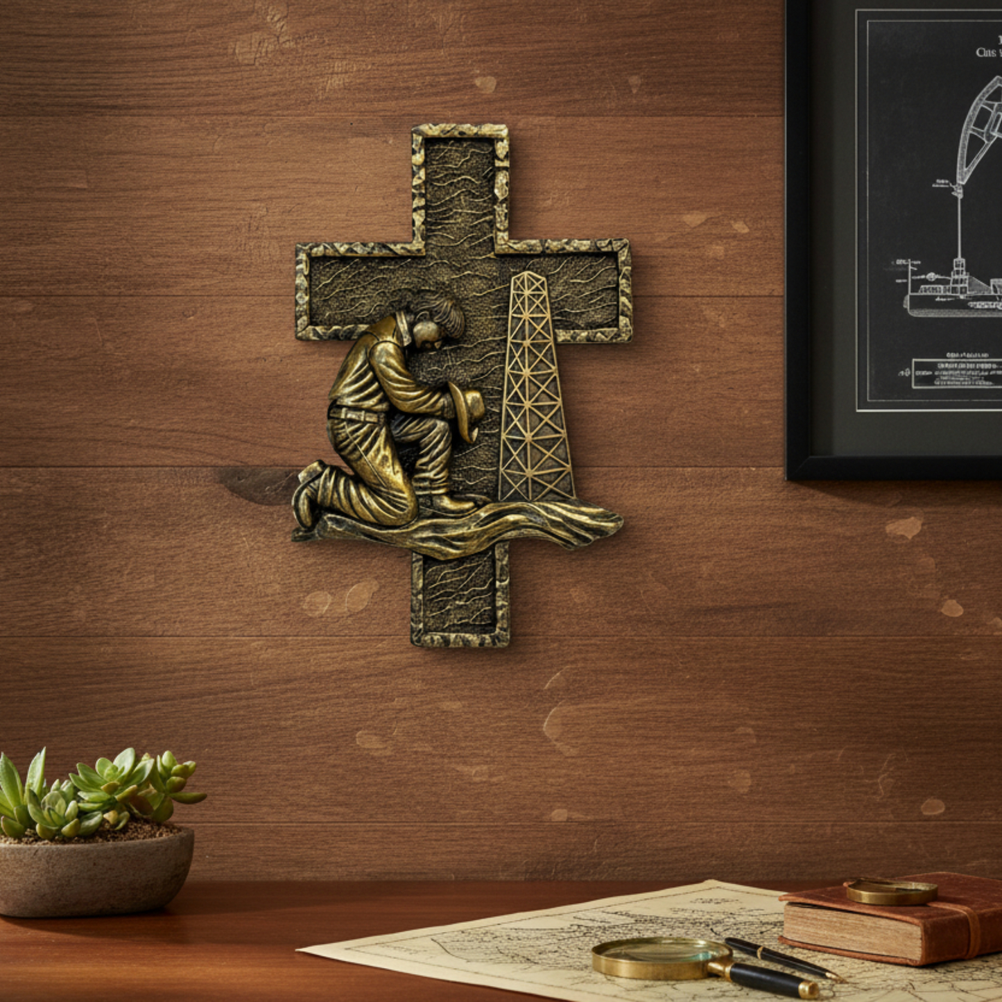Landman Prayer Cross – Oilfield Kneeling Tribute Wall Decor