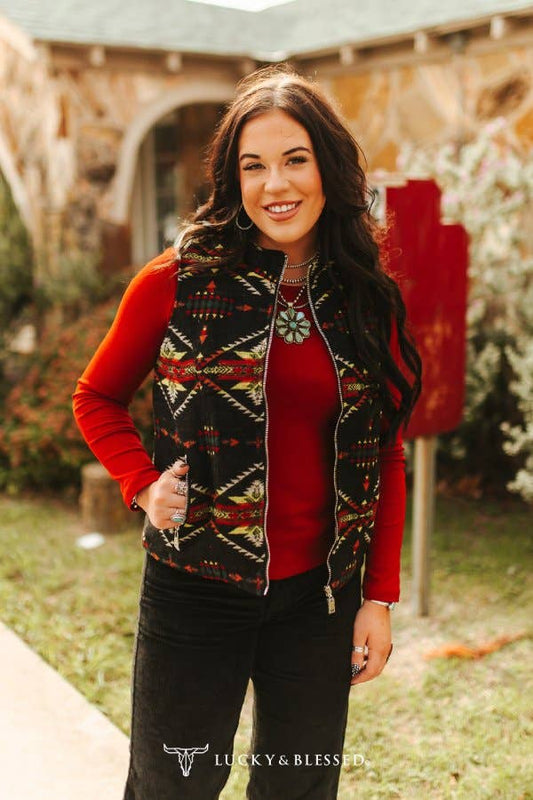 Black Red Aztec Quilted Lined Zip-up Vest