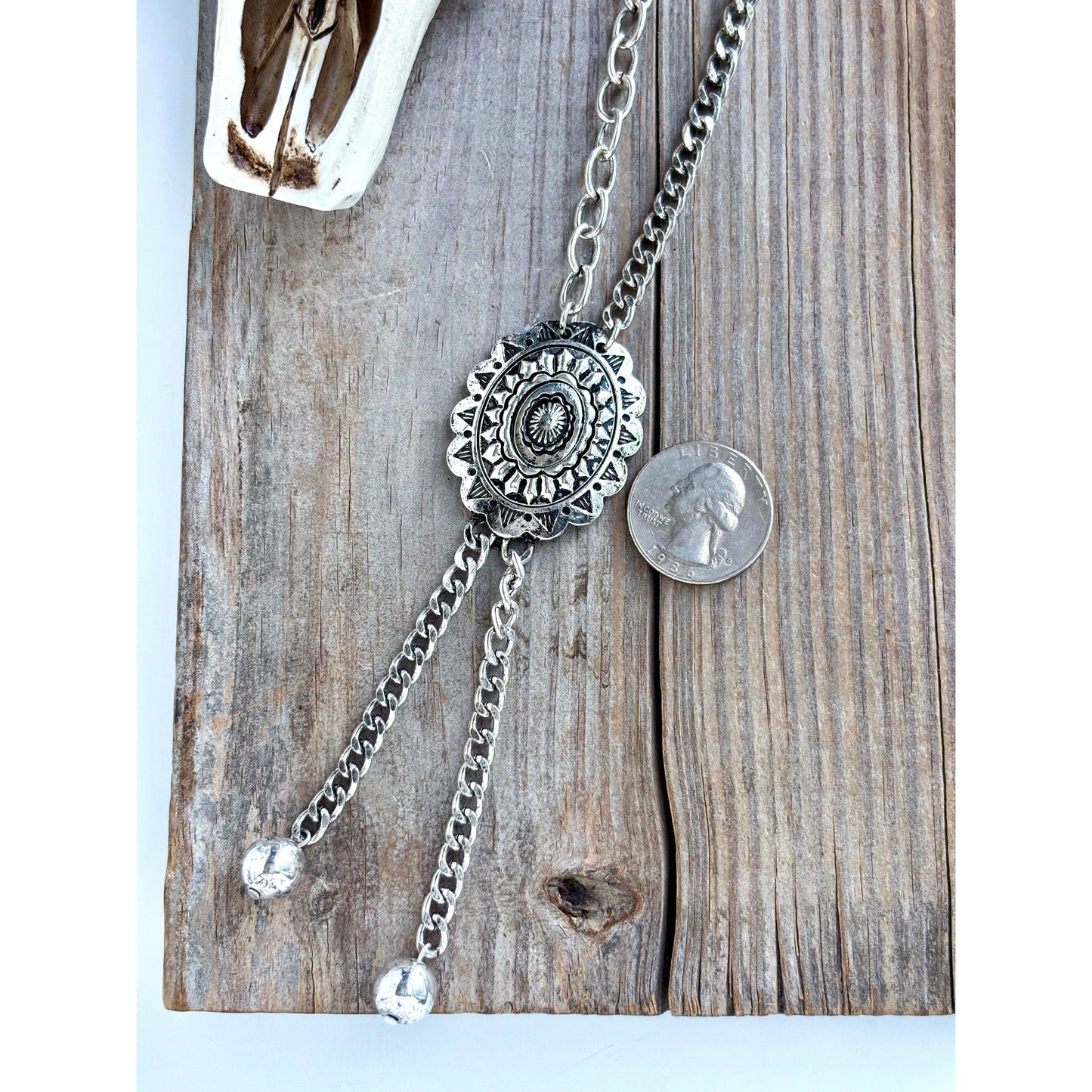 Western Concho Pendant Y Drop Chunky Chain Bolo Necklace
