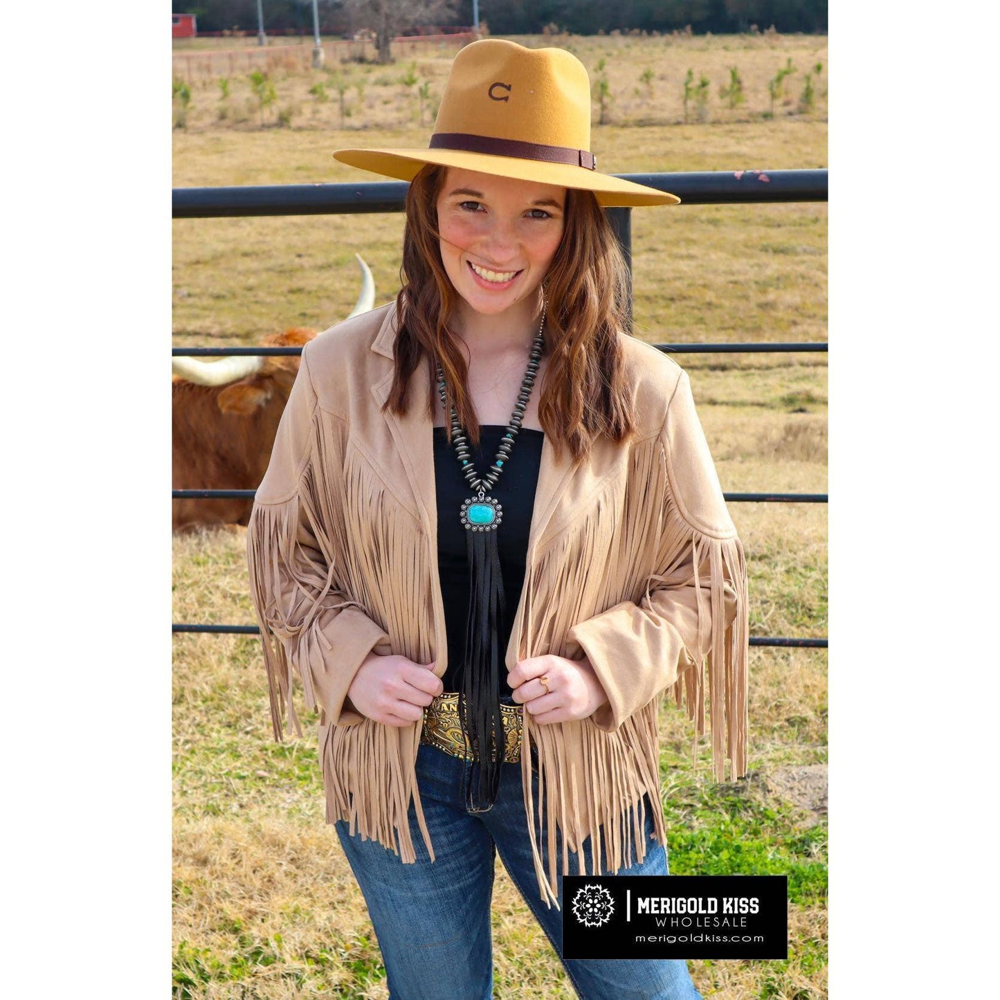 Merigold Kiss - MK208 Deluxe Rhinestone Fringe Vegan Suede Jacket -Taupe