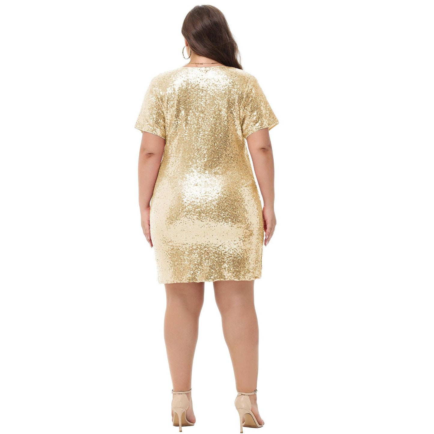 Plus Size Short Sleeve V Neck Sequin Dresses