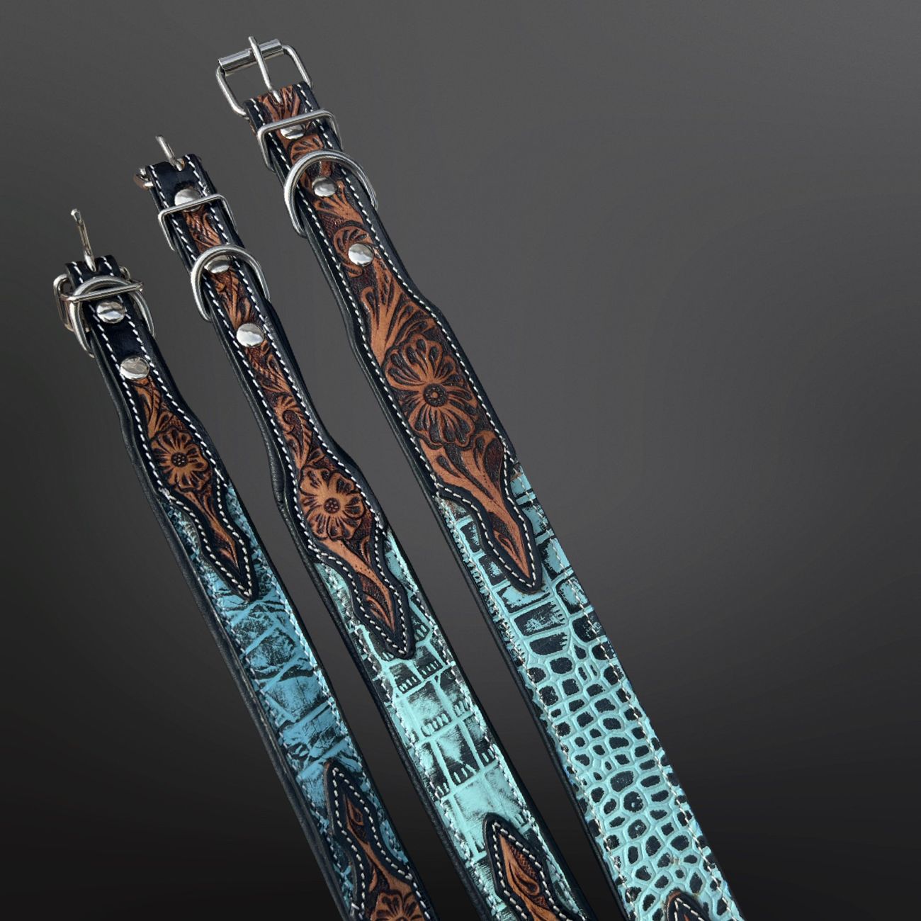 Western Dog Collar Tooled Leather Turquoise Embossed Leather