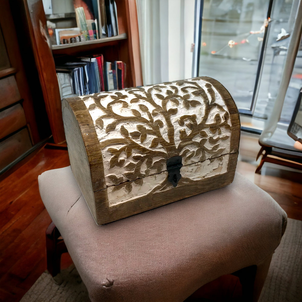 Hand-Carved Wood "Tree of Life"Hinged Box Chest Holiday