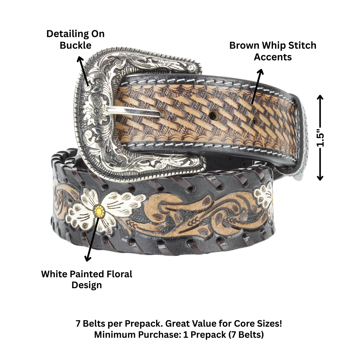 Floral Belt | White Painted Flowers & Whipstitch ABB-14-121