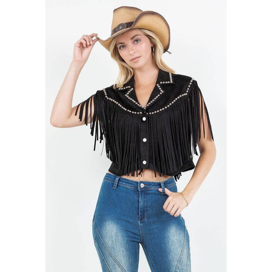 SIJ5407A BLACK FRINGE AND STUDDED DETAIL VEST