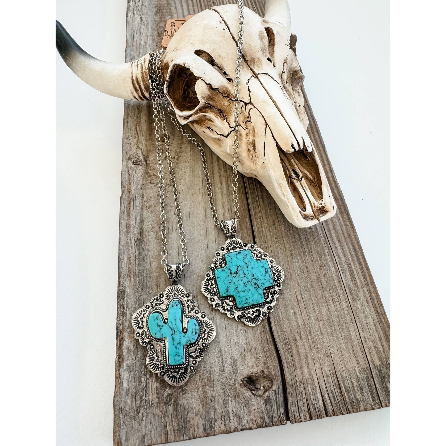 Western Stone Pendant Necklace - Cactus / Cross