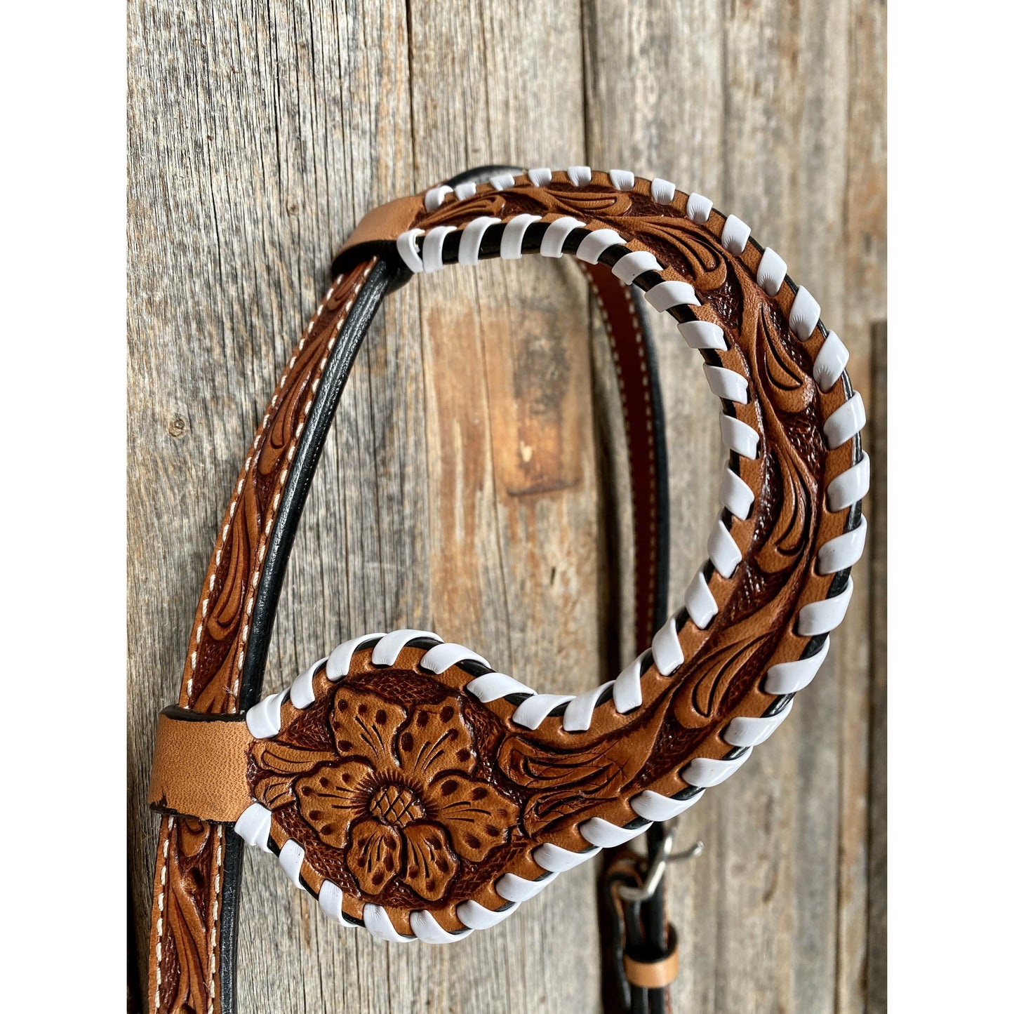 Light Oil Floral Tooled with White Whipstitch One Ear Headstall / Bridle