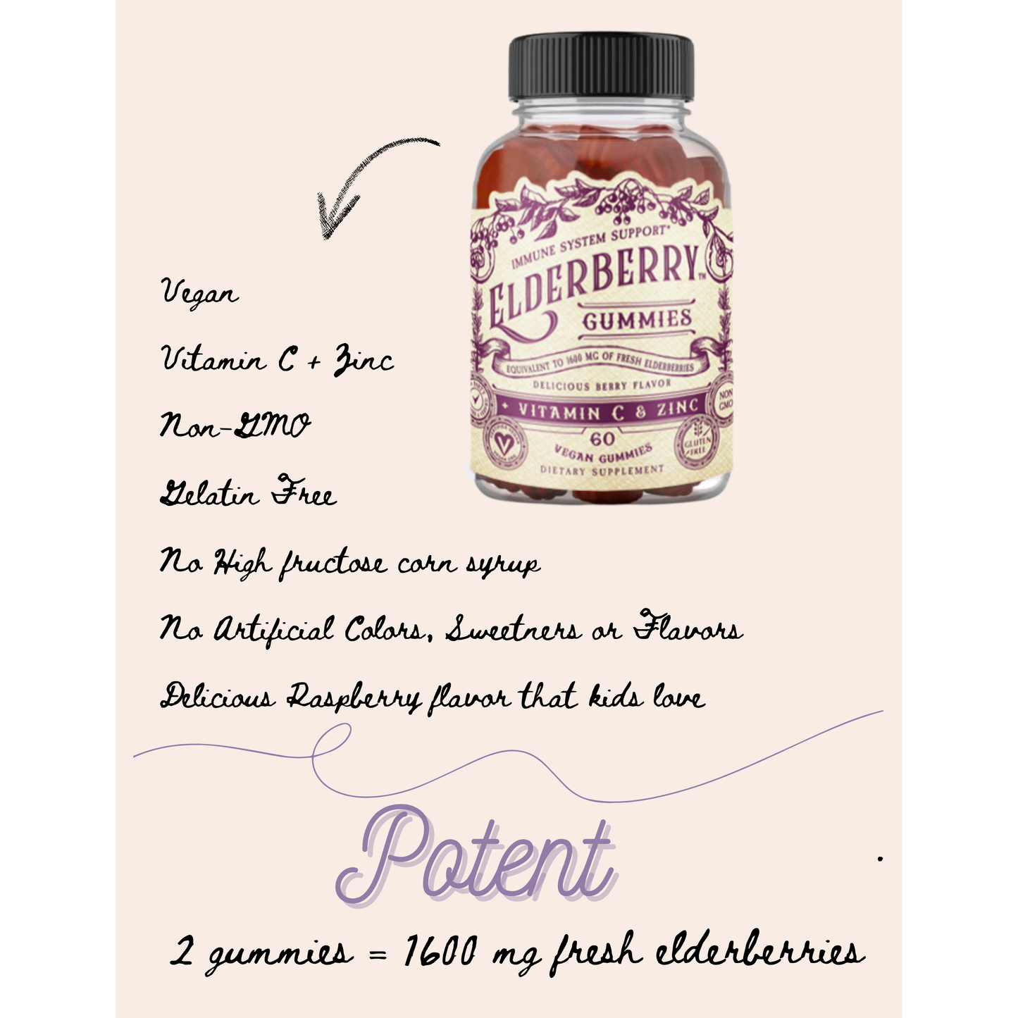Elderberry Gummies with Zinc + Vitamin C- 60 CT