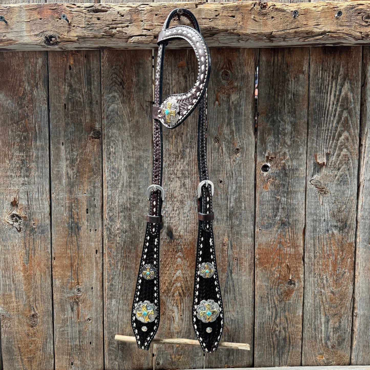 Rodeo Drive - Dark Oil Buckstitch Gold Cross Browband/One Ear and Breastcollar Tack Set #BBBC401