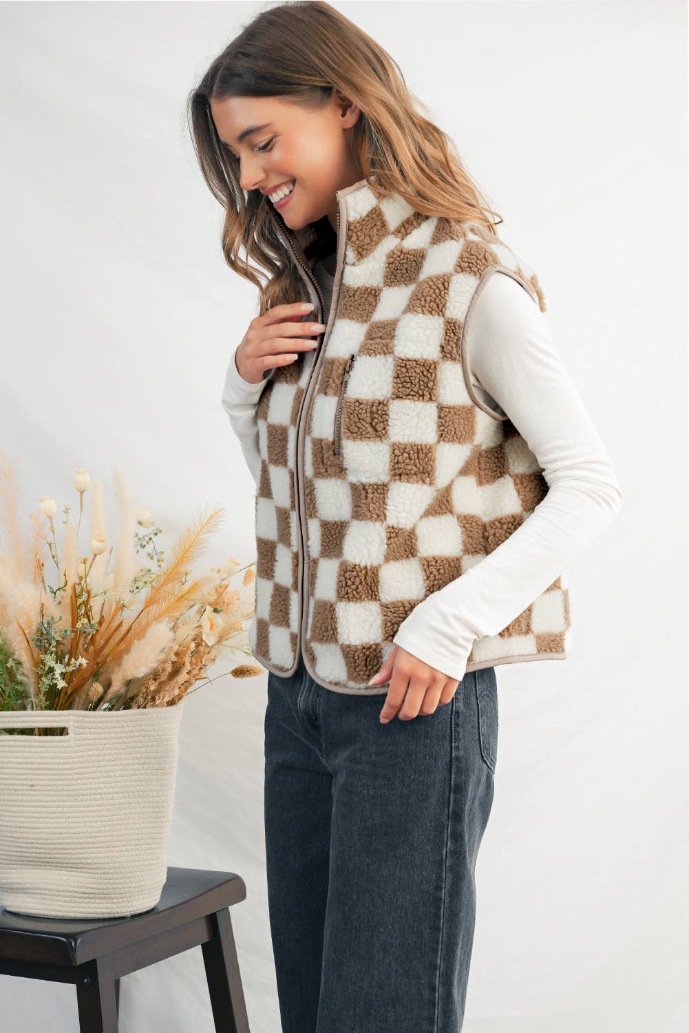 Checkered Collared Sherpa  Jacket Vest