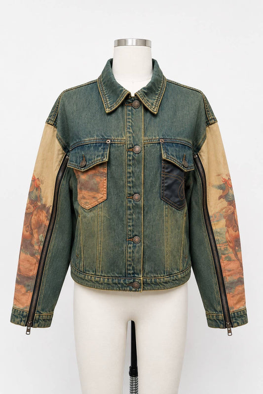 Blue B Western Print Mix Denim Jacket 15545J