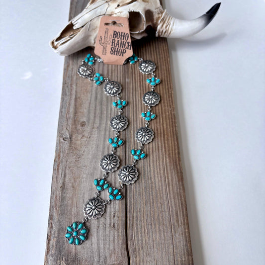 Boho Ranch Shop - Western Round Concho & Turquoise Stone Paw Y Drop Necklace