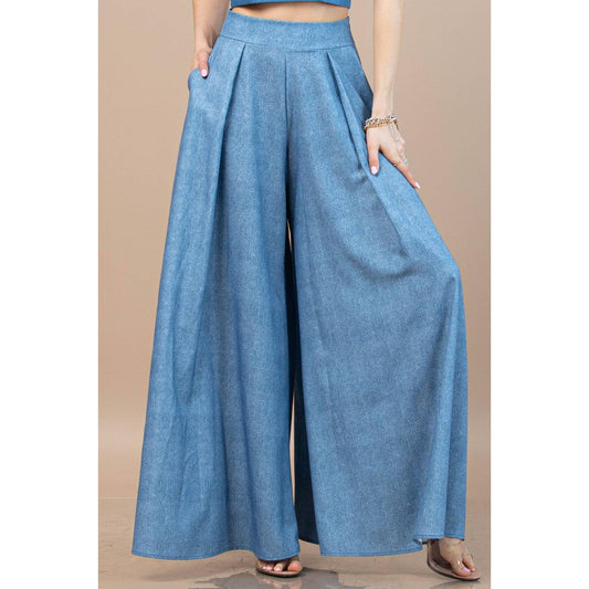 Nylon Apparel - P919-5174-Denim Custom  Print Wide Leg Palazzo Pants