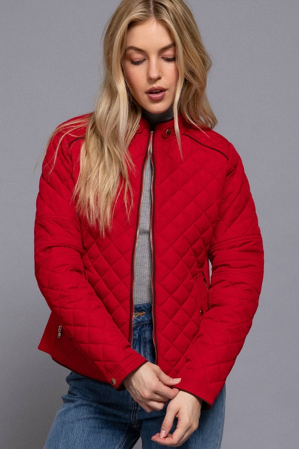Suede Piping Detail Side Rib Quilted Padding Jacket