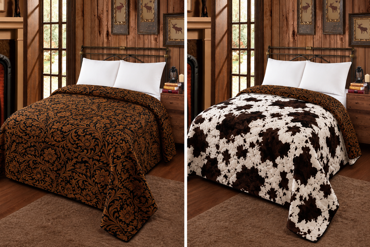 Brown floral/ cowprint reversible- Mia blanket