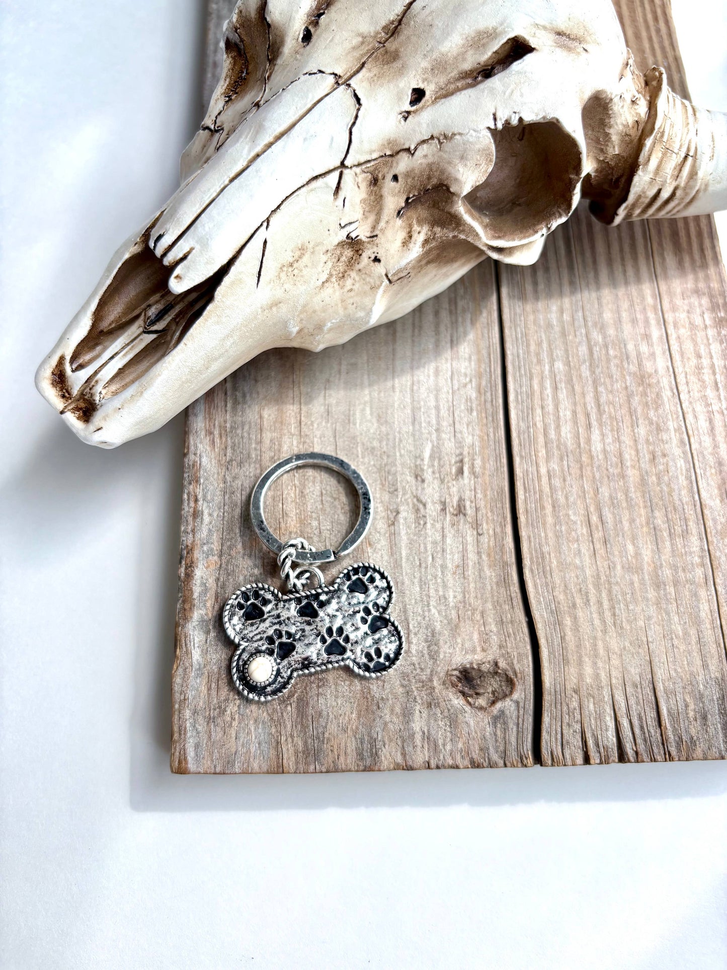 Paw Printed Dog Bone Metal Pendant Keychain