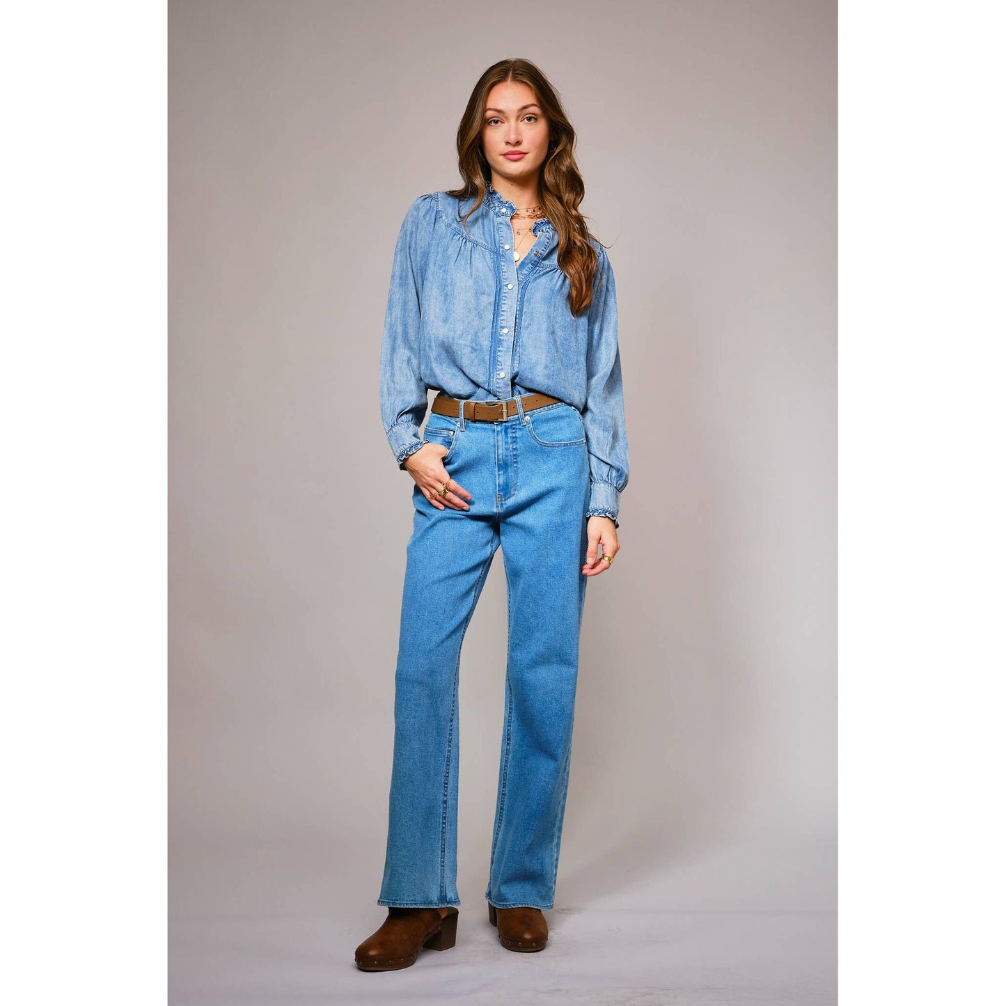 Blue B. Ruffle Neck Denim Snap Button Shirt 23709T
